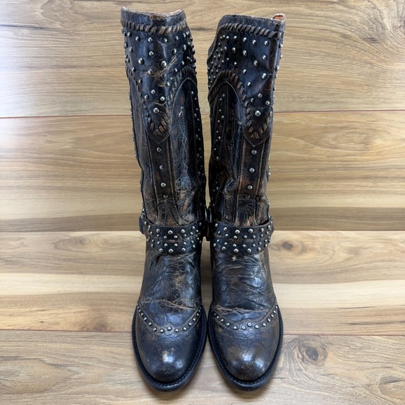 DAN POST Sexy Back Harness Boots 6.5 M Distressed Black Brown Studded Heeled - Picture 5 of 11